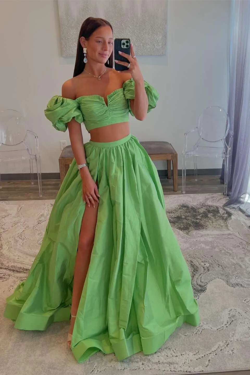 Green Two-Piece Puff Sleeves Satin Long Prom Dress With Split