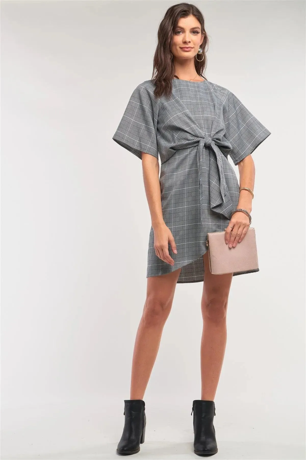 Grey Checkered Print Asymmetrical Front Self-Tie Detail Mini Dress /2-1-1-2