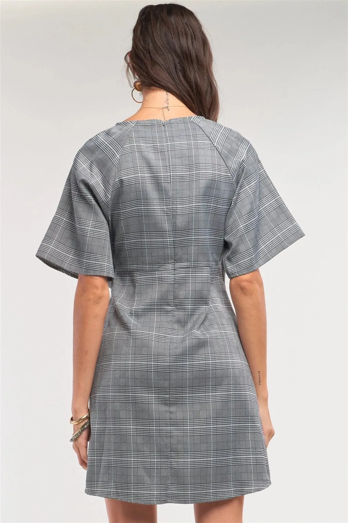 Grey Checkered Print Asymmetrical Front Self-Tie Detail Mini Dress /2-1-1-2