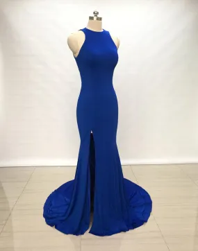Halter Neckline Slit Royal Blue Fitted Pageant Dress