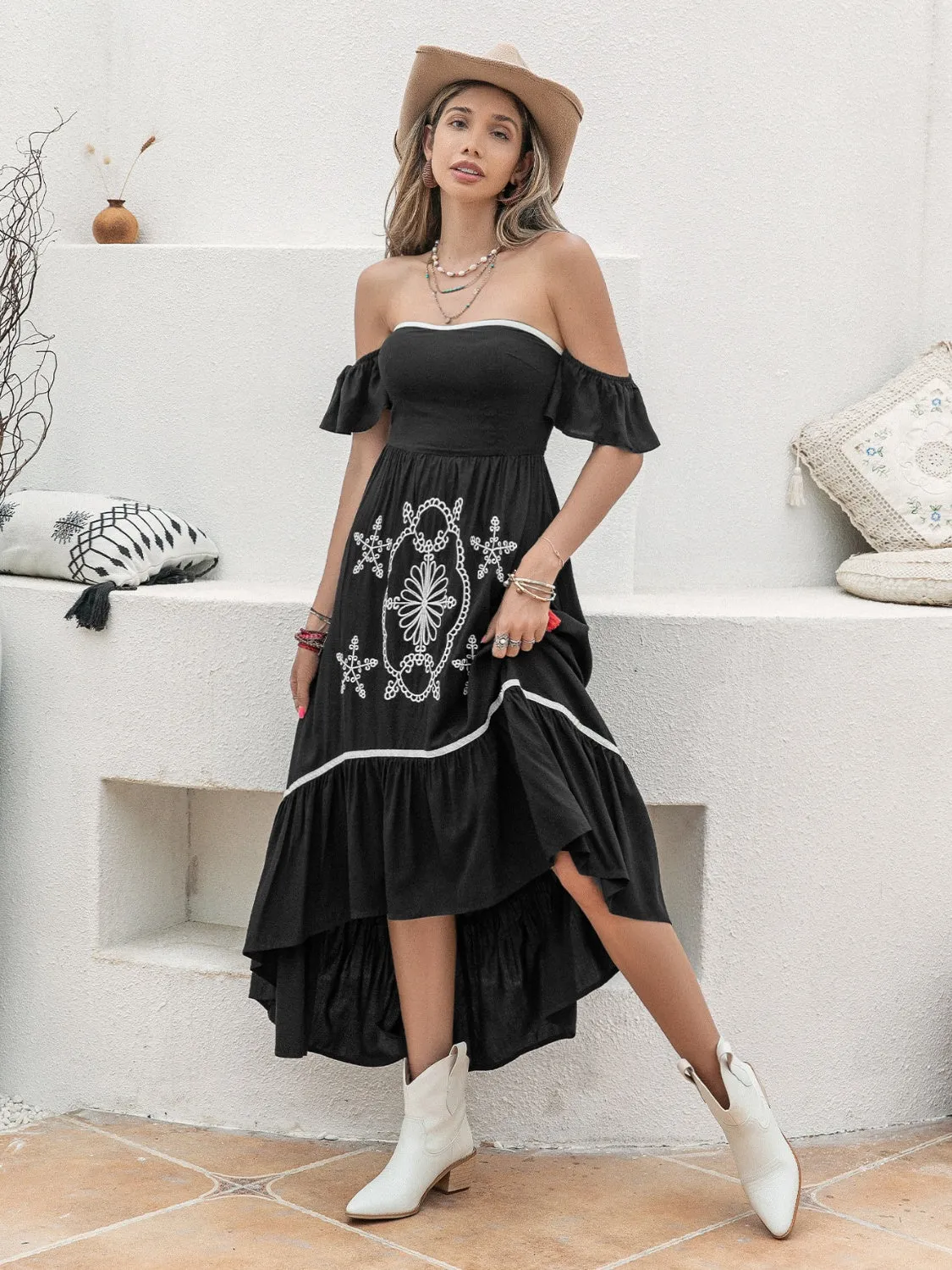 High-Low Off-Shoulder Summer Midi Dress