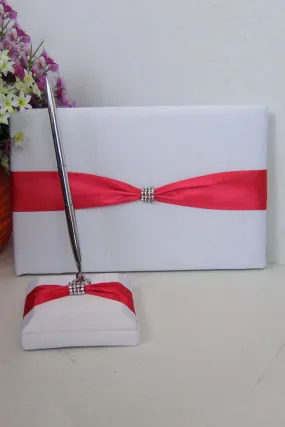 High Quality Rhinestones/Bow Guestbook & Pen Set