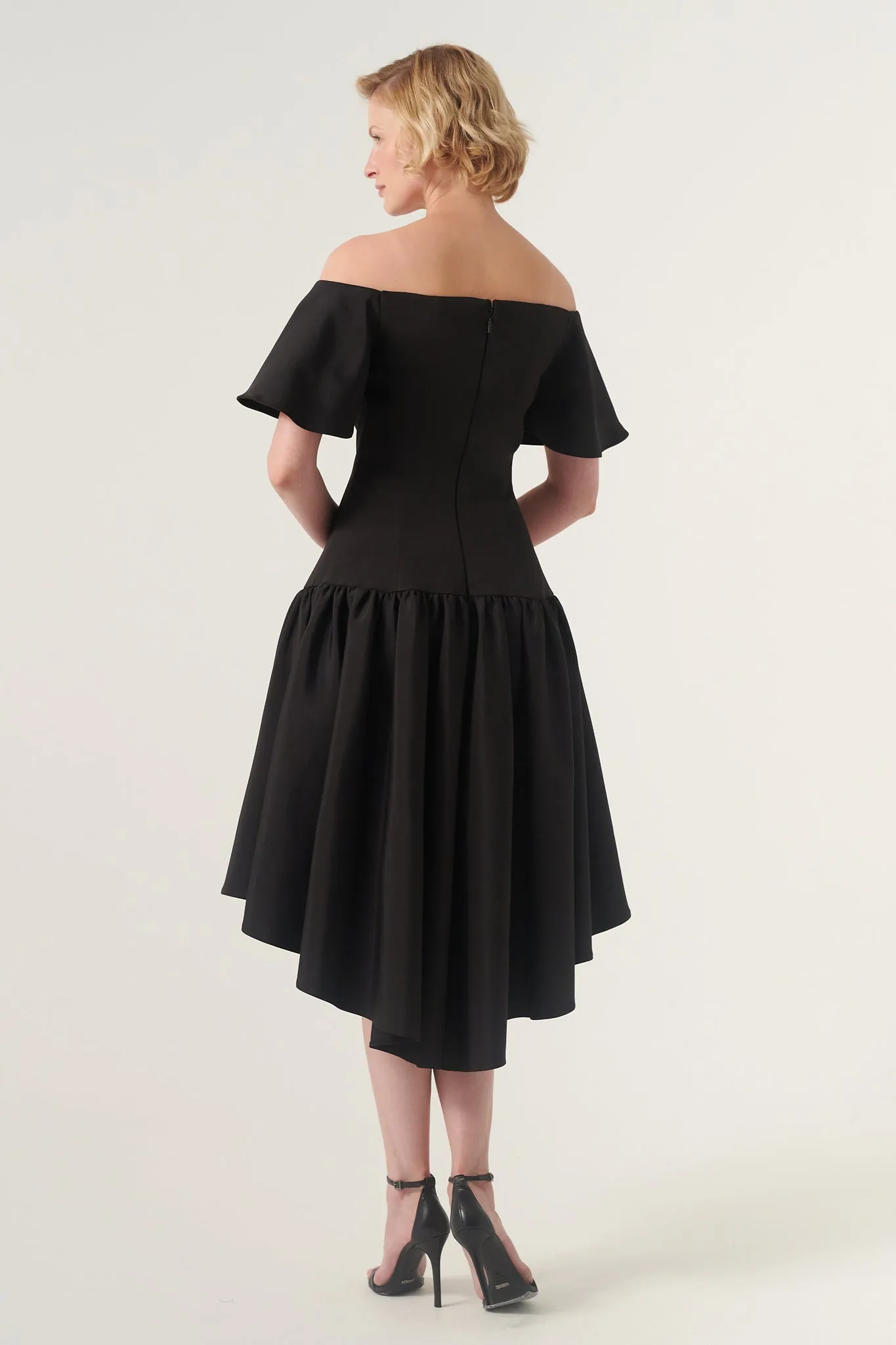 High/Low Faille Off the Shoulder short dress