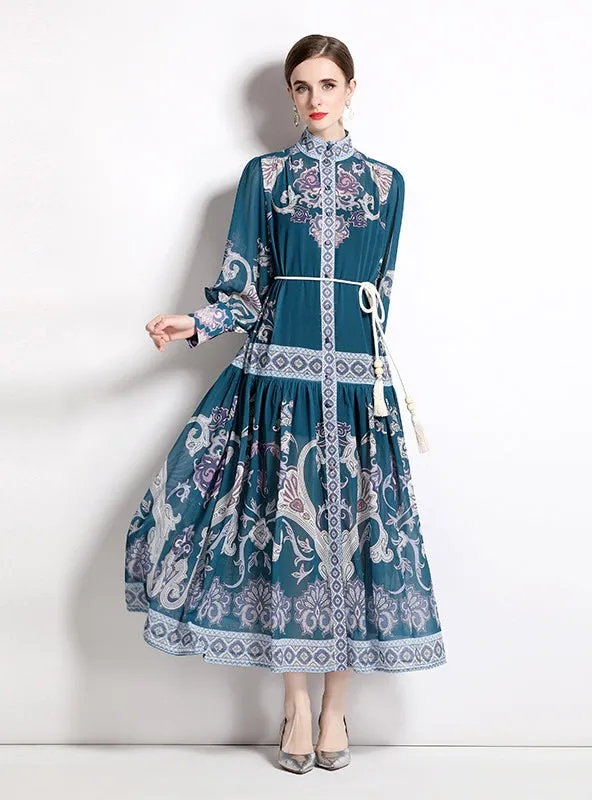 Holiday Style Retro Printed Long-sleeved Dress