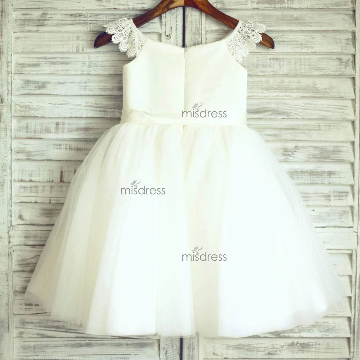 Ivory Lace Cap Sleeves Tulle Flower Girl Dress, Ivory Belt