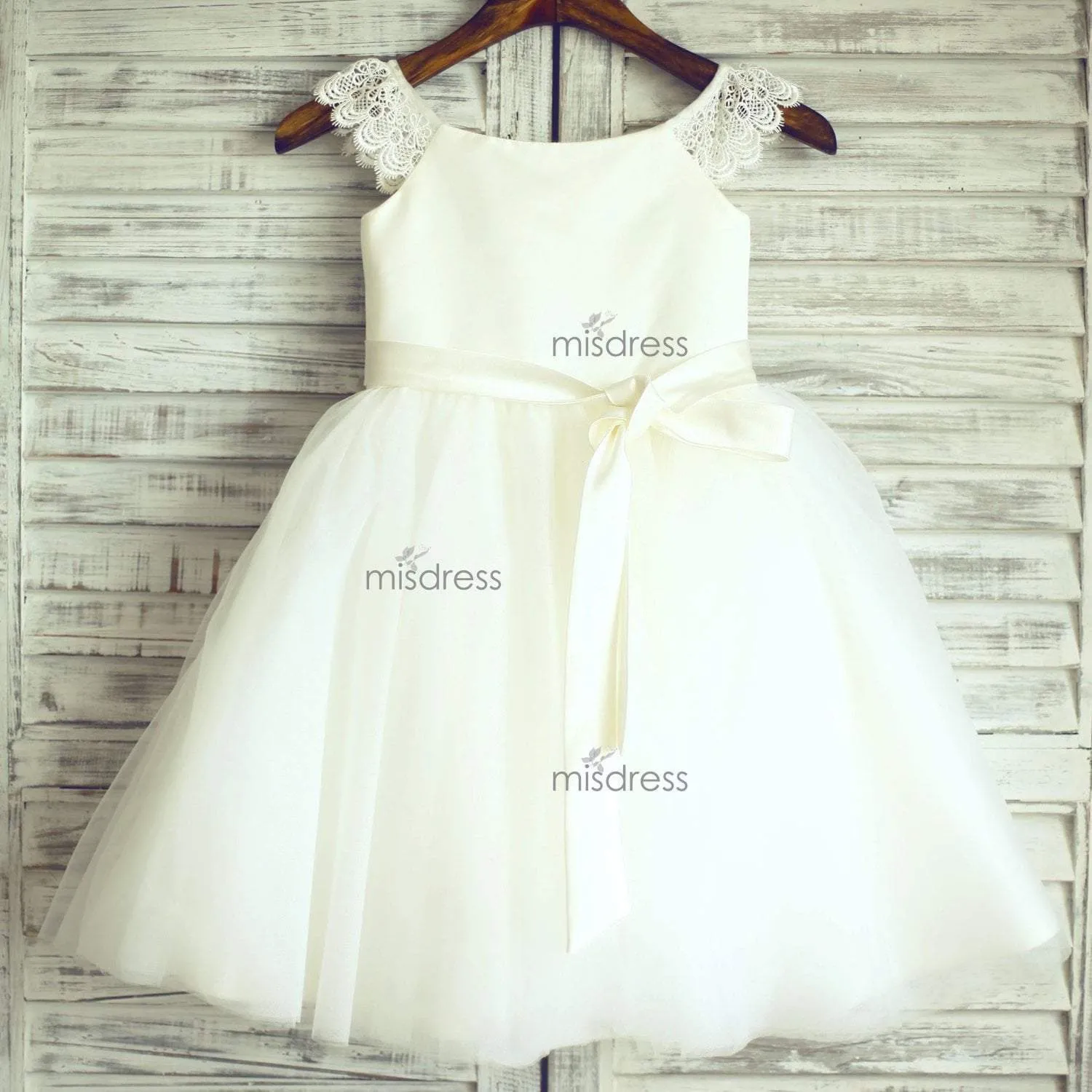 Ivory Lace Cap Sleeves Tulle Flower Girl Dress, Ivory Belt