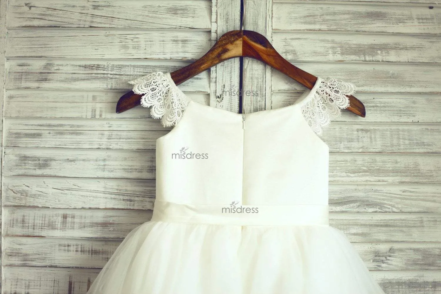 Ivory Lace Cap Sleeves Tulle Flower Girl Dress, Ivory Belt