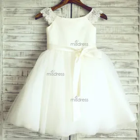 Ivory Lace Cap Sleeves Tulle Flower Girl Dress, Ivory Belt