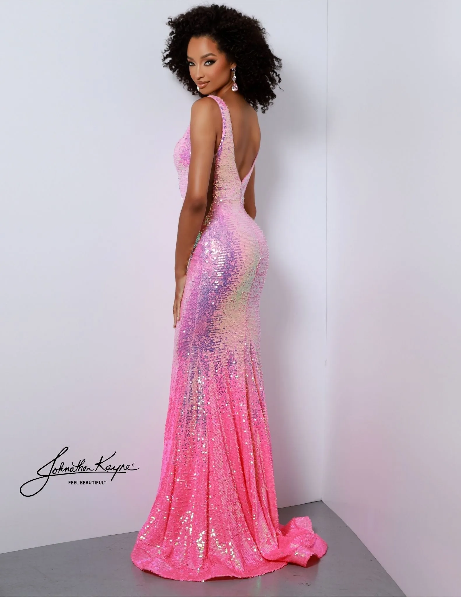 Johnathan Kayne 2829 Size 0 Hot Pink Long Prom Dress Fitted V Neck Ombre Sequin High Slit Formal Pageant Gown