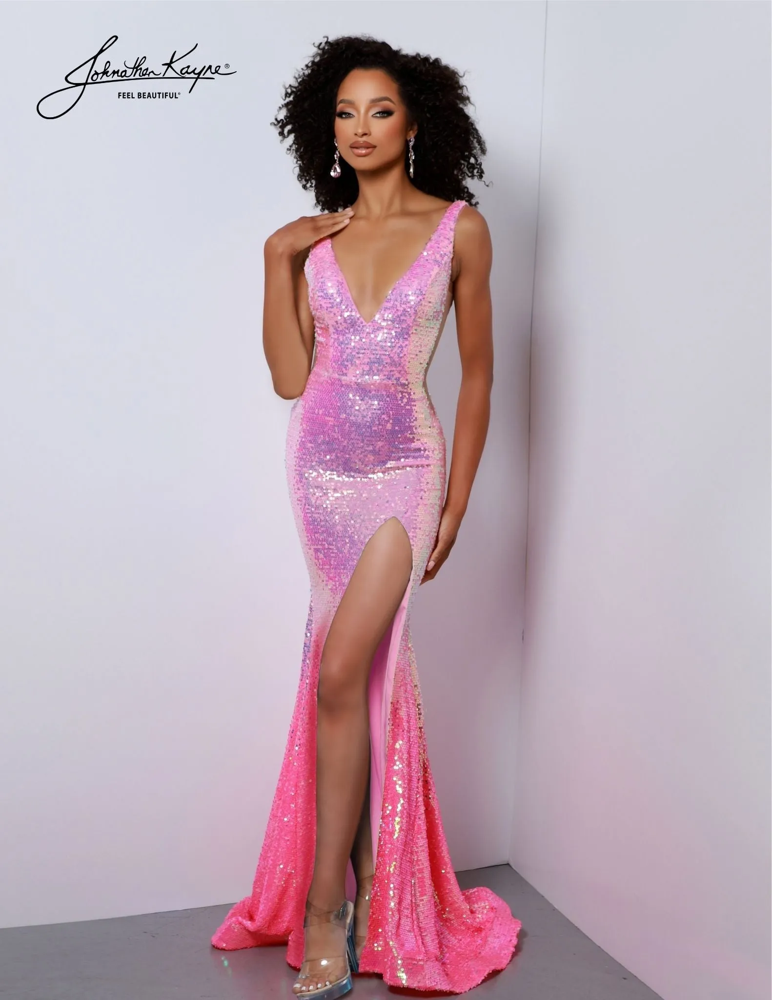 Johnathan Kayne 2829 Size 0 Hot Pink Long Prom Dress Fitted V Neck Ombre Sequin High Slit Formal Pageant Gown