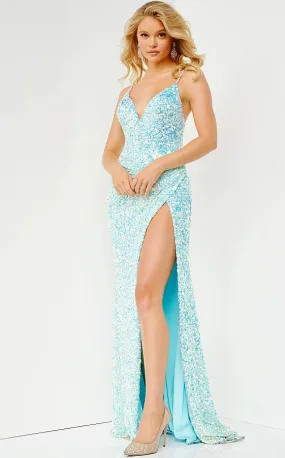 Jovani JVN07590 Size 2 Light Blue Prom Dress Long Fitted Sequin Slit V Neck Formal Pageant Gown