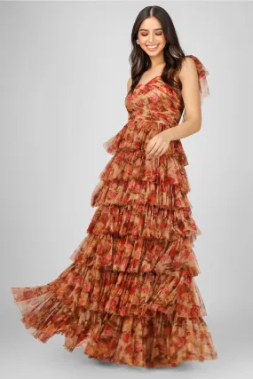 Lace & Beads Ophelia Brown Floral Tulle Maxi Dress