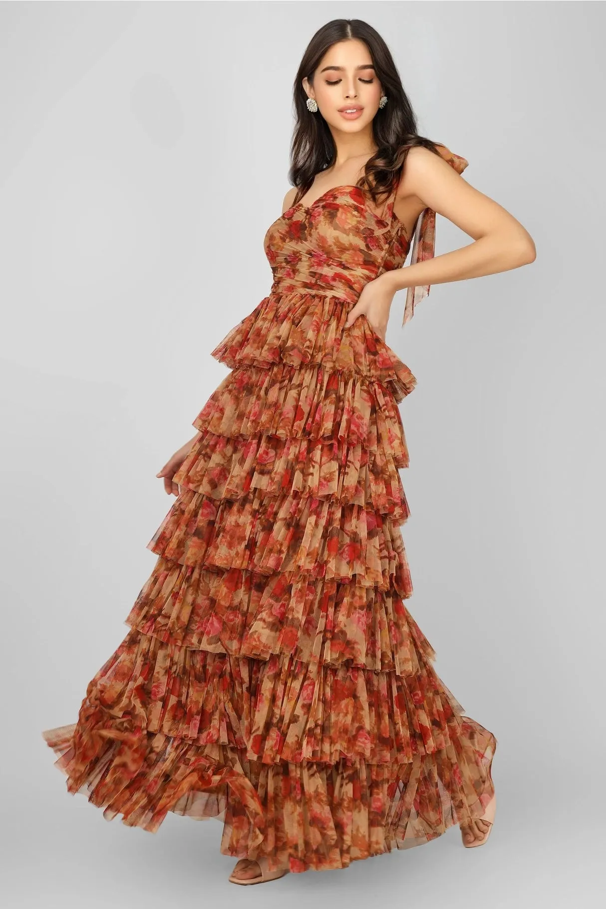 Lace & Beads Ophelia Brown Floral Tulle Maxi Dress