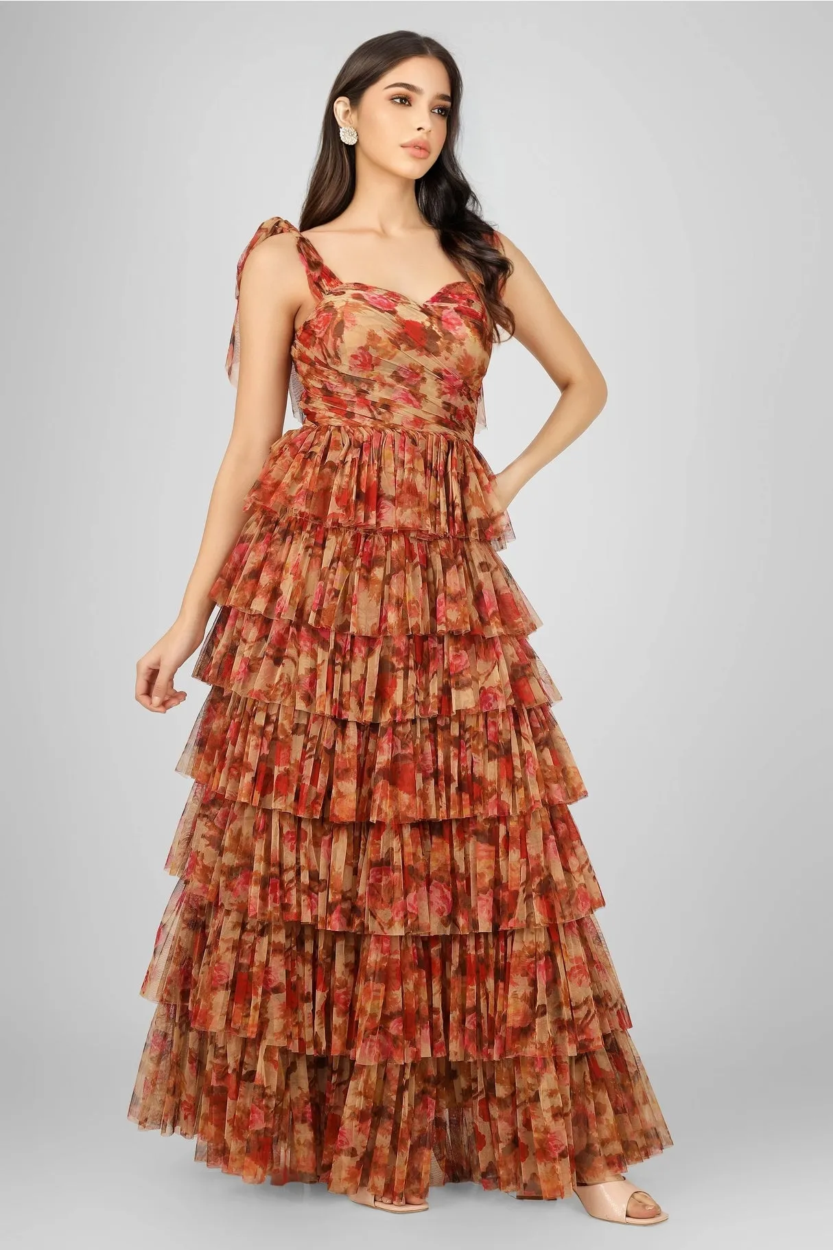 Lace & Beads Ophelia Brown Floral Tulle Maxi Dress