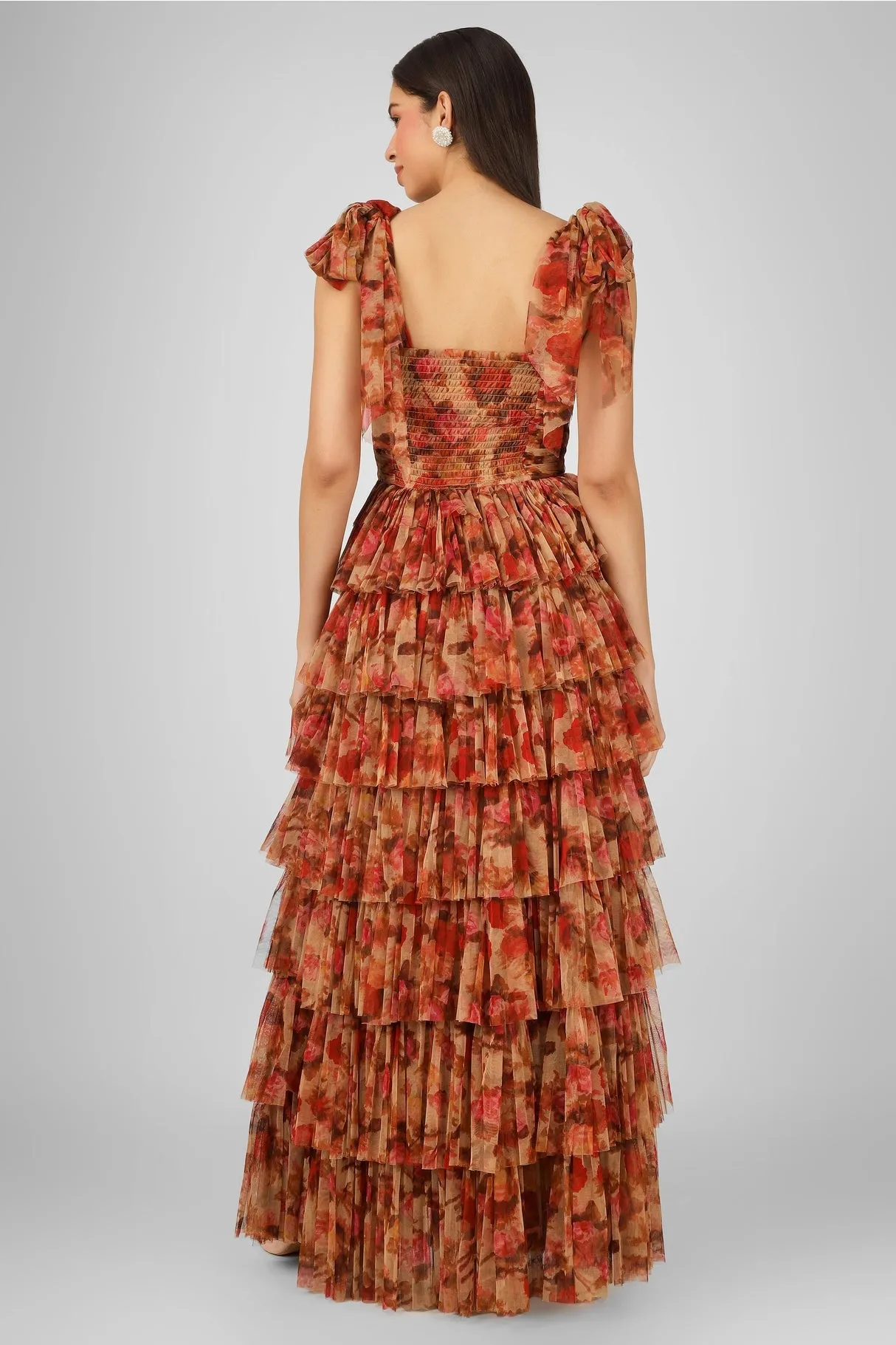 Lace & Beads Ophelia Brown Floral Tulle Maxi Dress