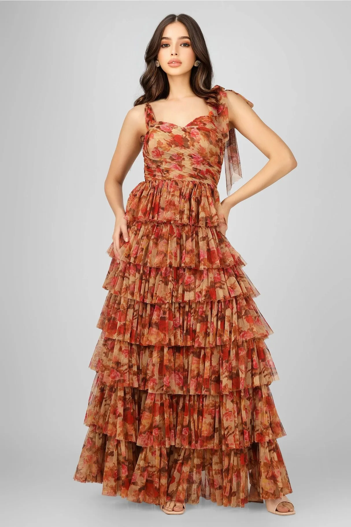 Lace & Beads Ophelia Brown Floral Tulle Maxi Dress