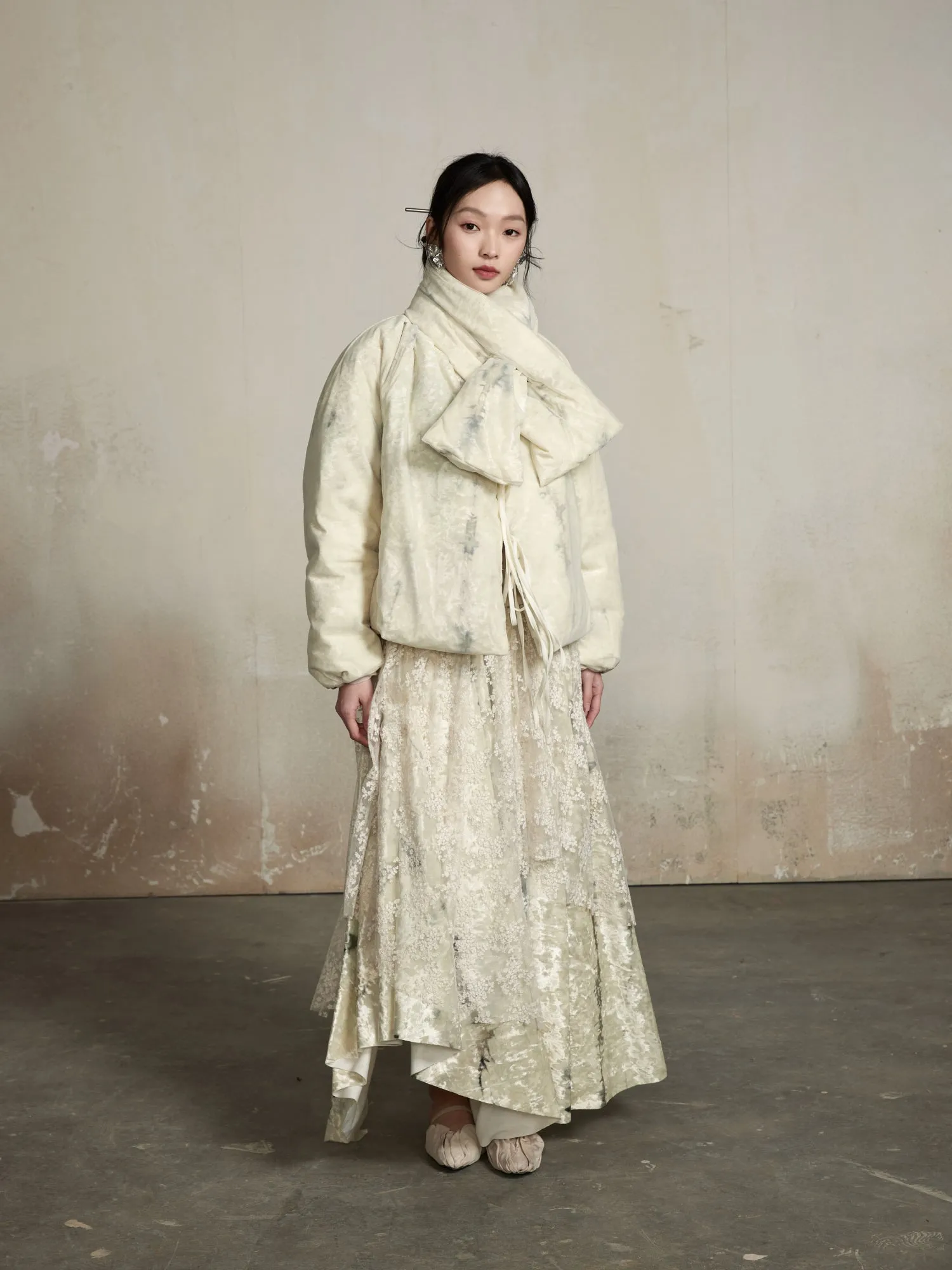 Lace Flower Asymmetry Classy Sweet Elastic-Waist Long-Skirt