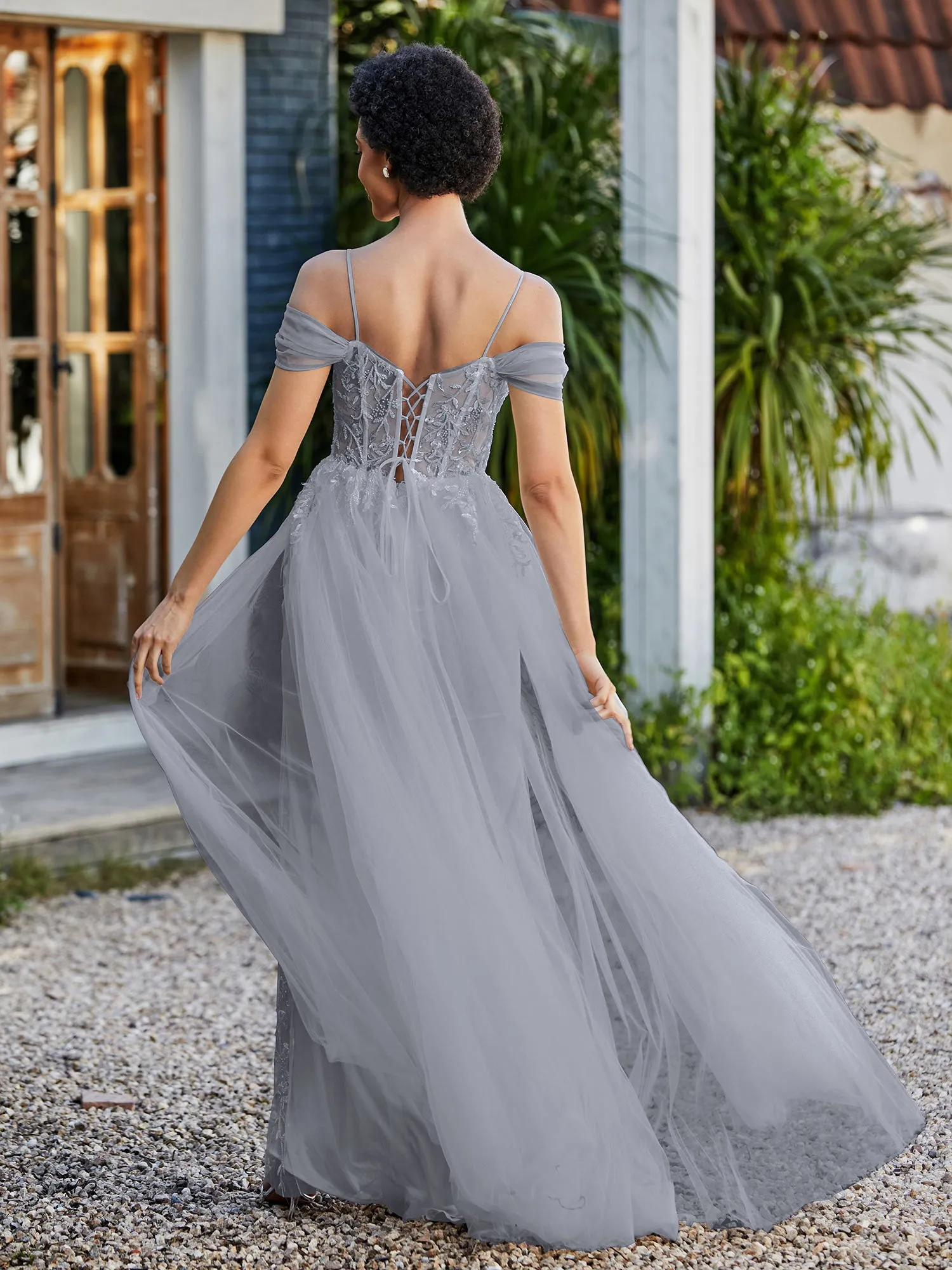 Lace Up Back Off Shoulder Tulle Gown Steel Grey