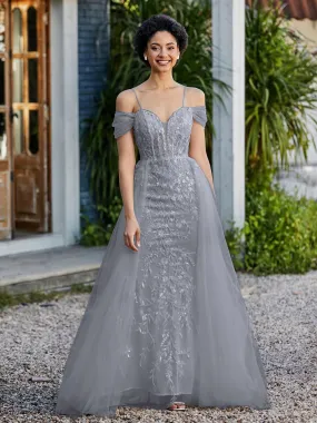 Lace Up Back Off Shoulder Tulle Gown Steel Grey