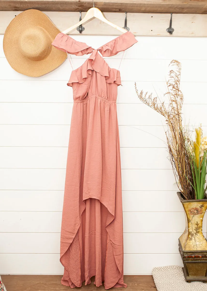 Ladies Dusty Rose Ruffle High Low Dress
