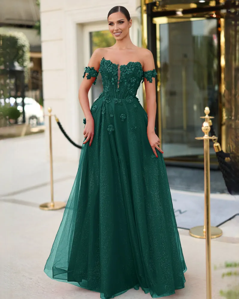 Liana Off Shoulder Corset Gown - Emerald