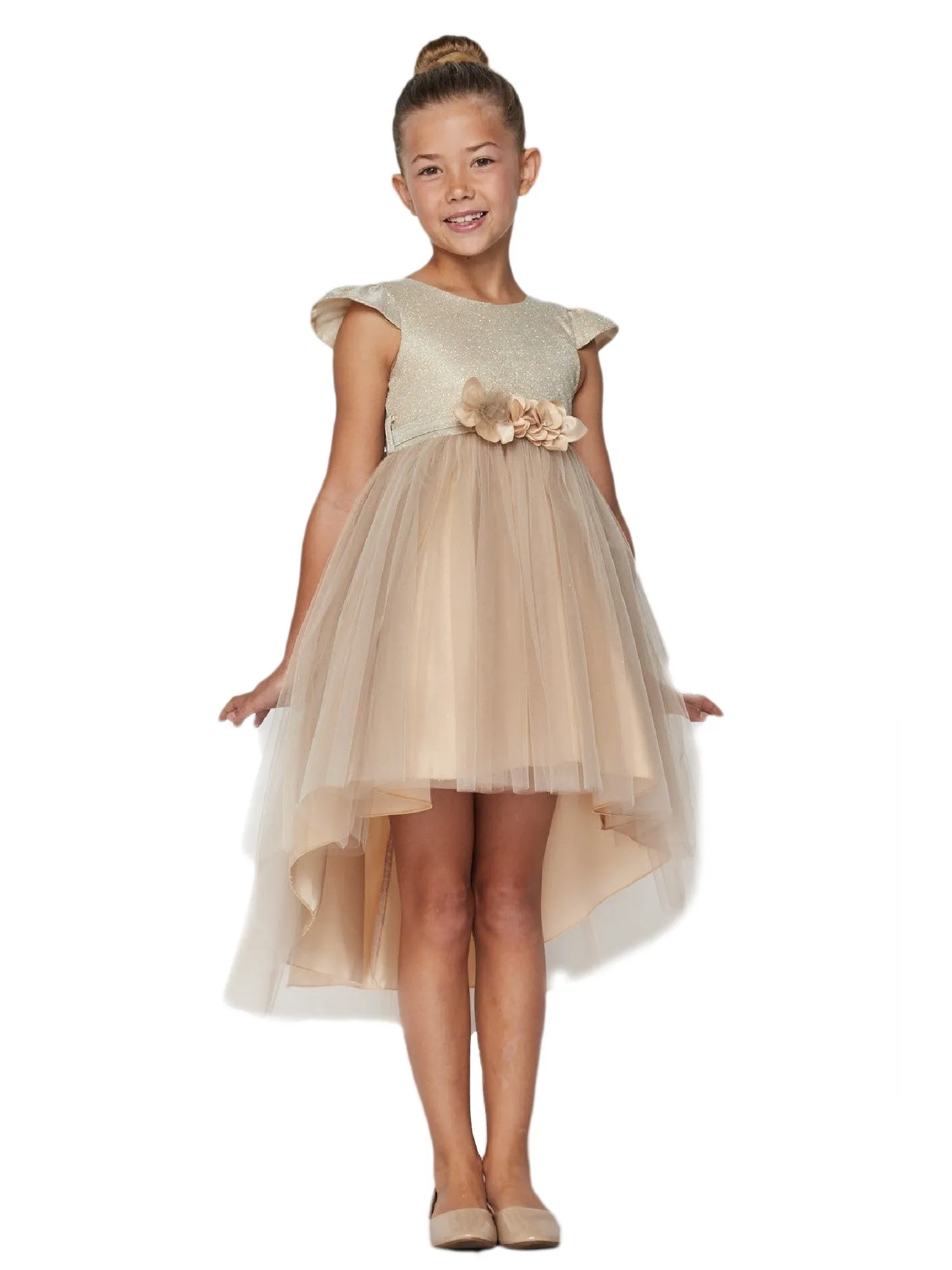 Little Girls Champagne Glitter Hi-Low Flower Girl Dress 2T-6