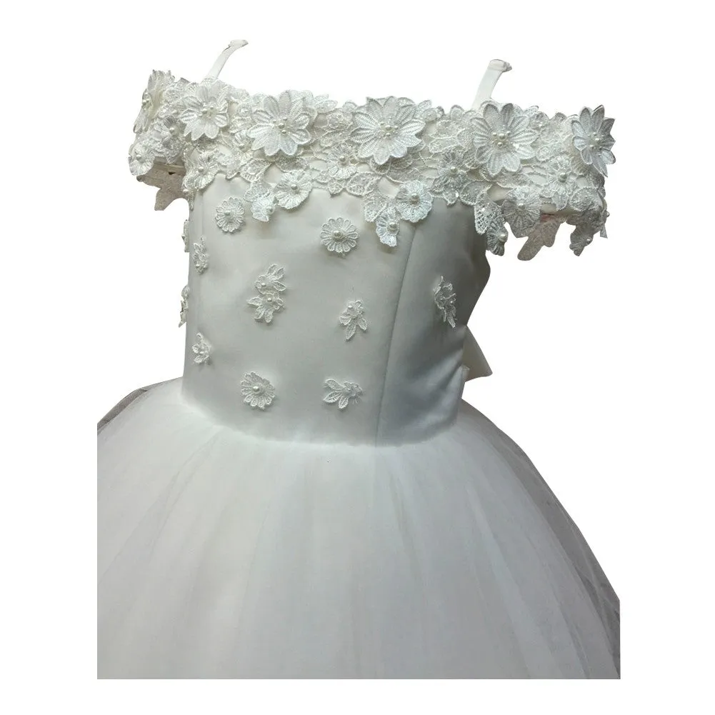 Little Girls Ivory Satin Tulle Off-Shoulder Flower Girl Dress 2T-6