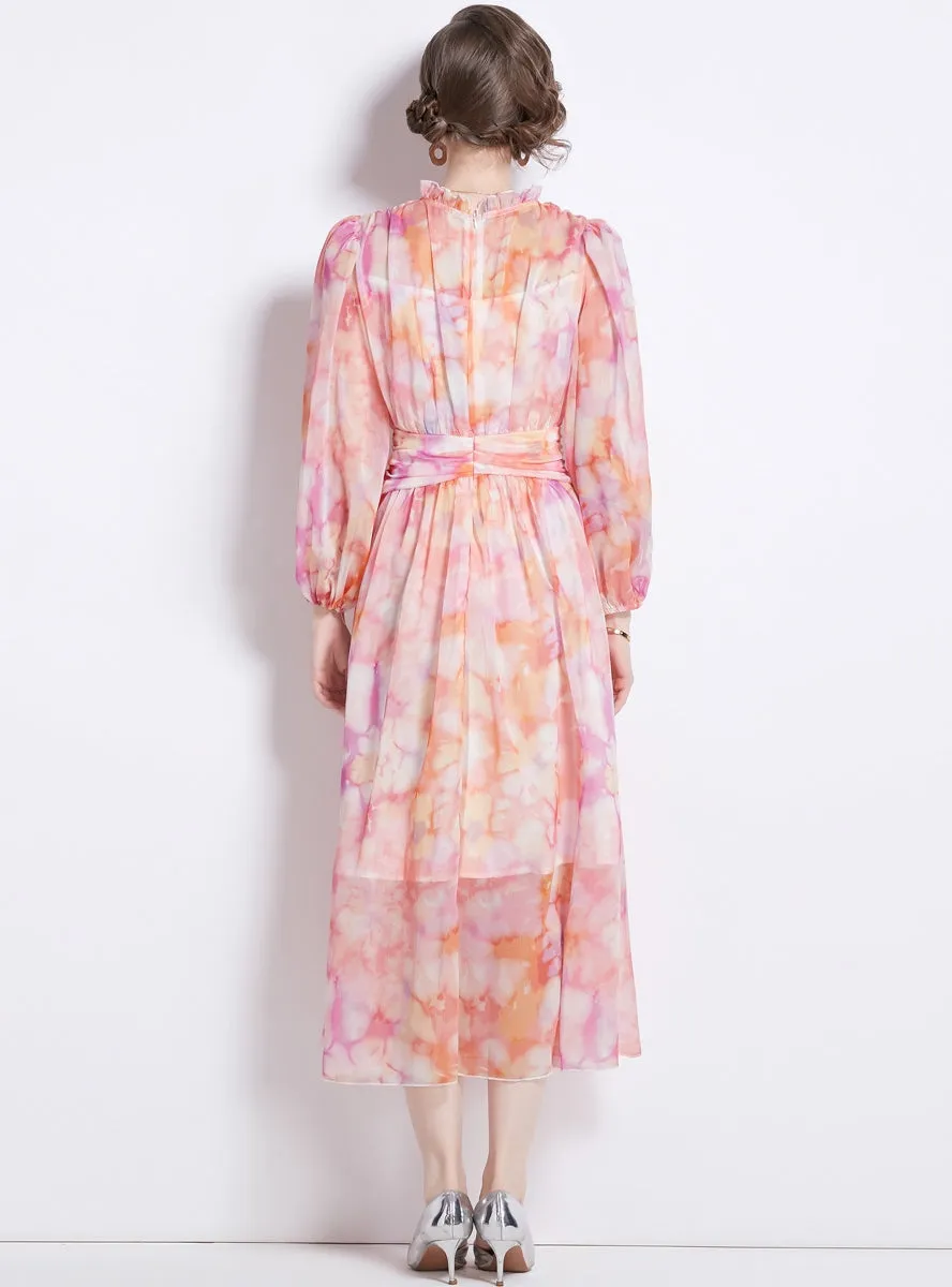 Long Sleeve Round Neck Slim Printed Chiffon Dress