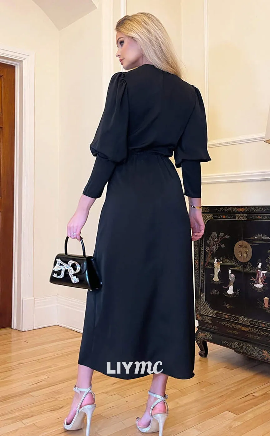 M1099 - V-Neck Long Sleeves Satin Side Slit Sleek Satin Wedding Guest Dress
