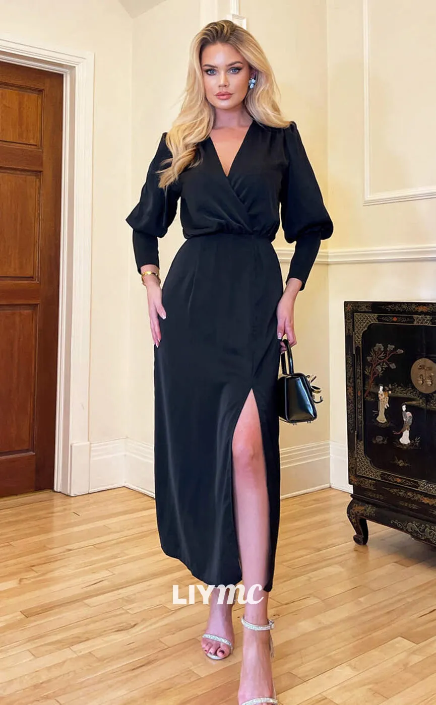 M1099 - V-Neck Long Sleeves Satin Side Slit Sleek Satin Wedding Guest Dress