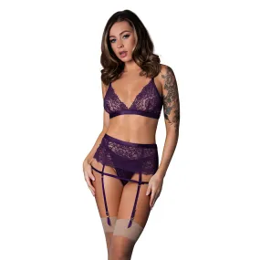Magic Silk Leather & Lace Bralette, Garter Skirt & Thong Set Plum L/XL