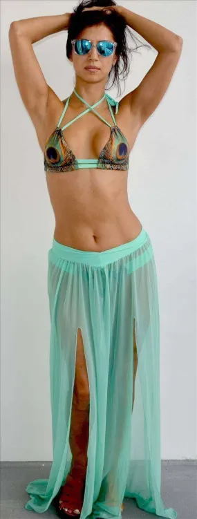 Montce Swim Mint Green Mesh Long Elastic Waist Skirt with Front Slits
