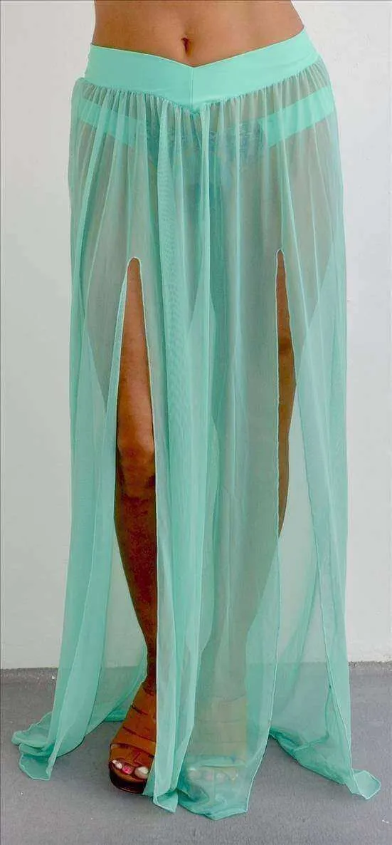 Montce Swim Mint Green Mesh Long Elastic Waist Skirt with Front Slits