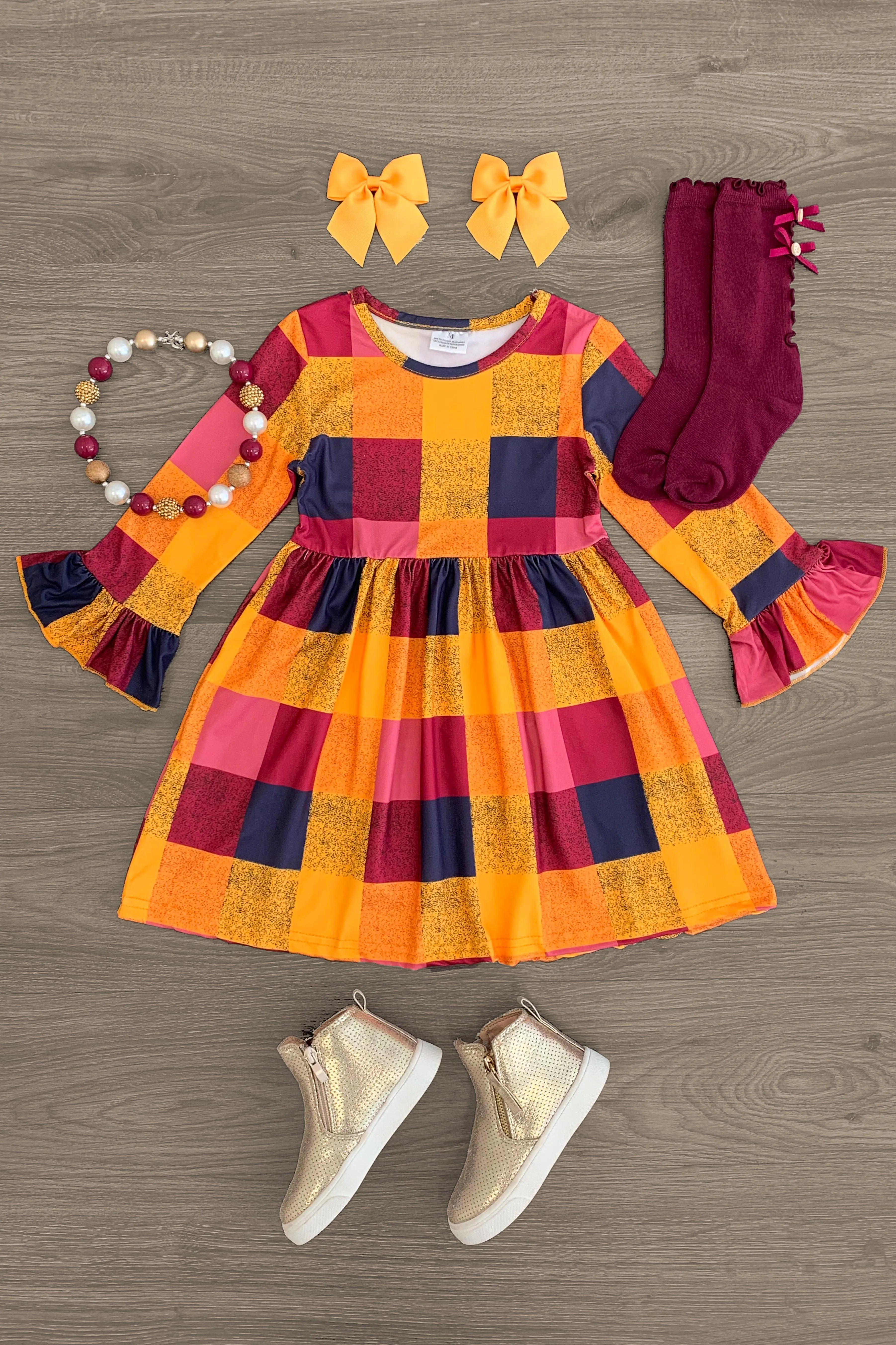 Mustard & Plum Plaid Bell Sleeve Dress