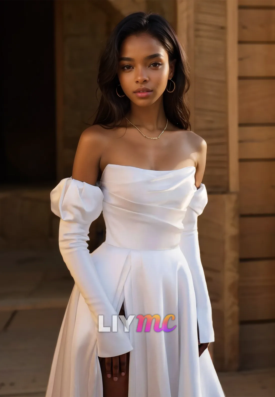 Off-Shoulder Sleeveless Pleated Side Slit Satin A-Line Wedding Dress