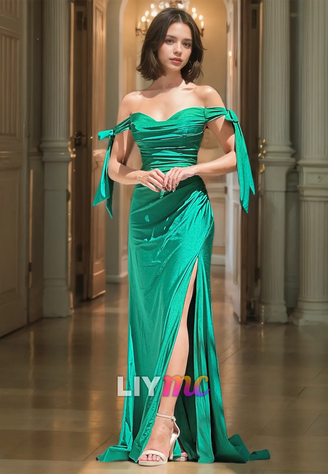 Off-Shoulder Strapless Ruched High Slit Mermaid Prom Dress