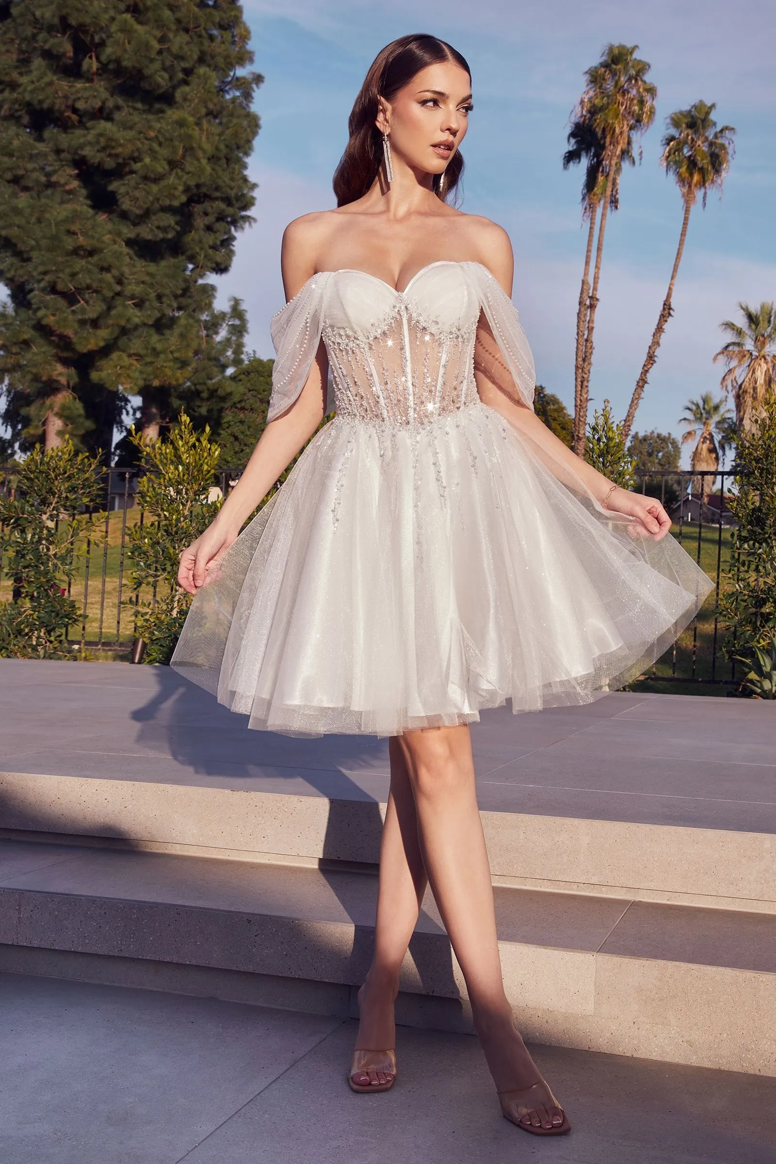 OFF THE SHOULDER EMBELLISHED ALINE SHORT DRESS CDCD0211
