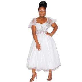 OFF WHITE  TEA LENGTH GLITTER TULLE GOWN