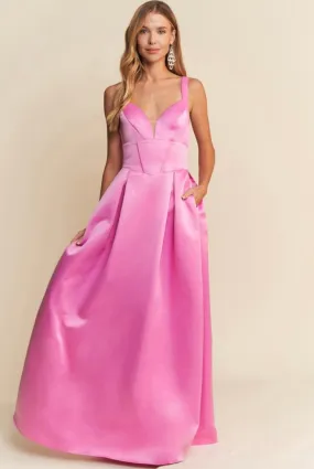 Pink Satin Prom Dress with Pockets