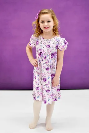 Purple Floral Milk Silk Flutter Dress