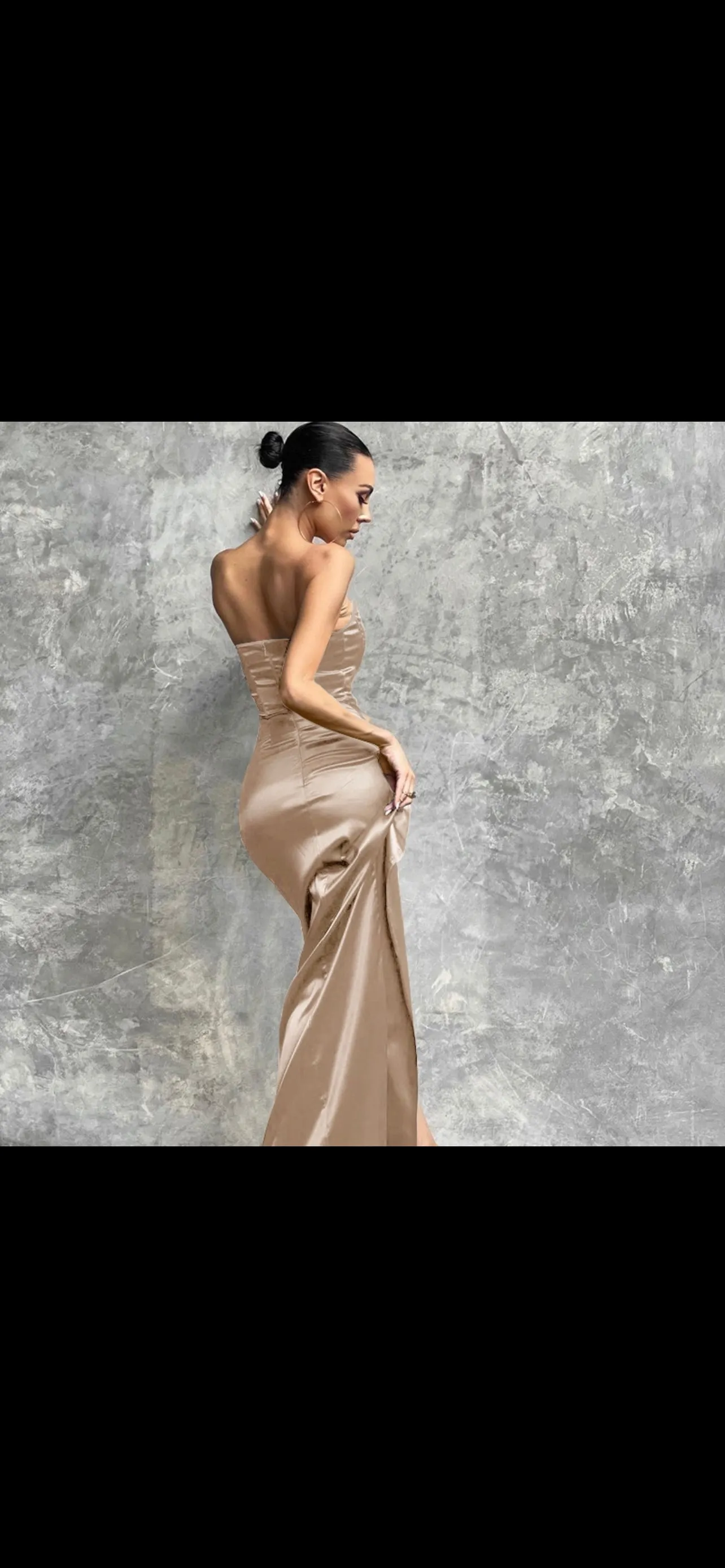 Romancing Beige Satin Bandeau Corset Detail Maxi Dress