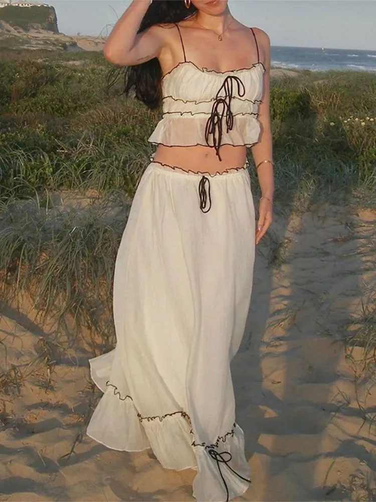 Ruffle Mesh Lace Up Top Long Skirt Suit