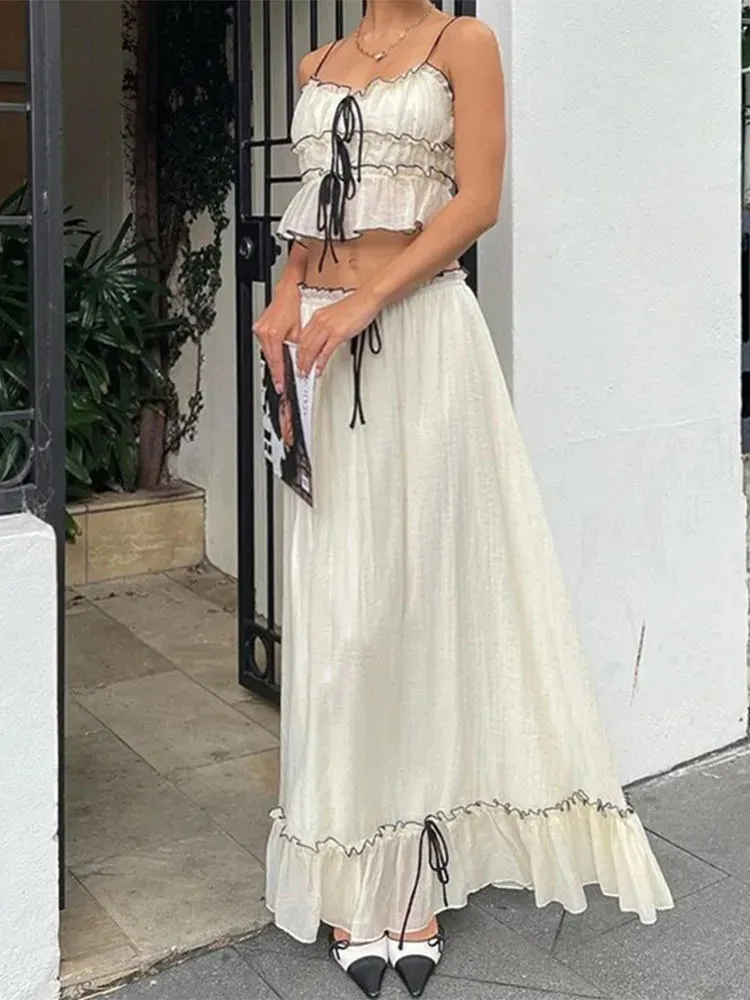Ruffle Mesh Lace Up Top Long Skirt Suit