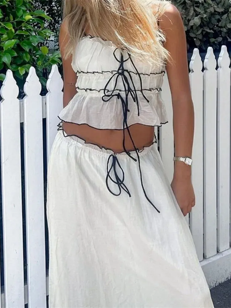 Ruffle Mesh Lace Up Top Long Skirt Suit