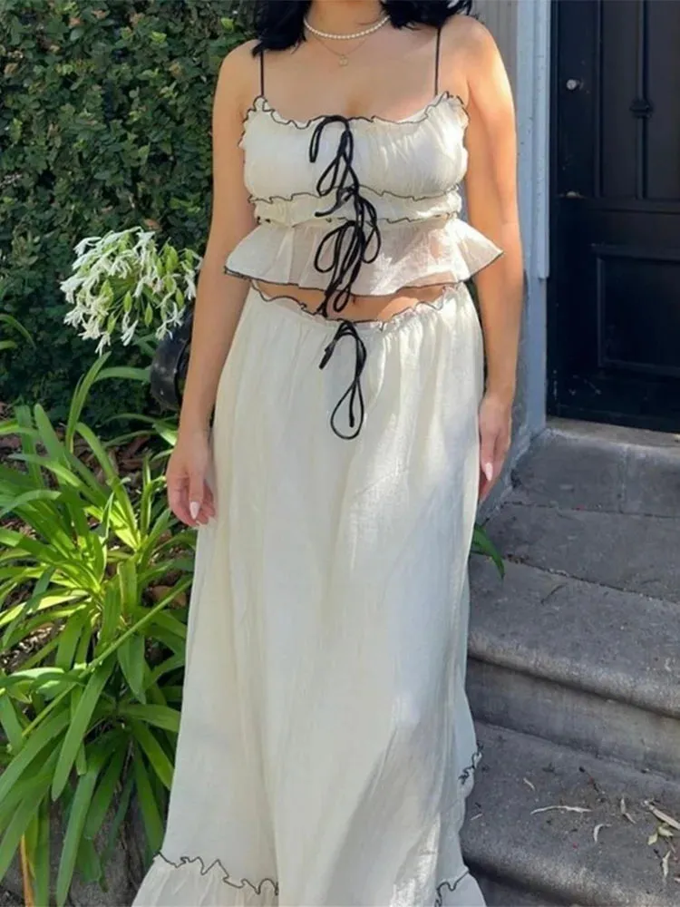 Ruffle Mesh Lace Up Top Long Skirt Suit