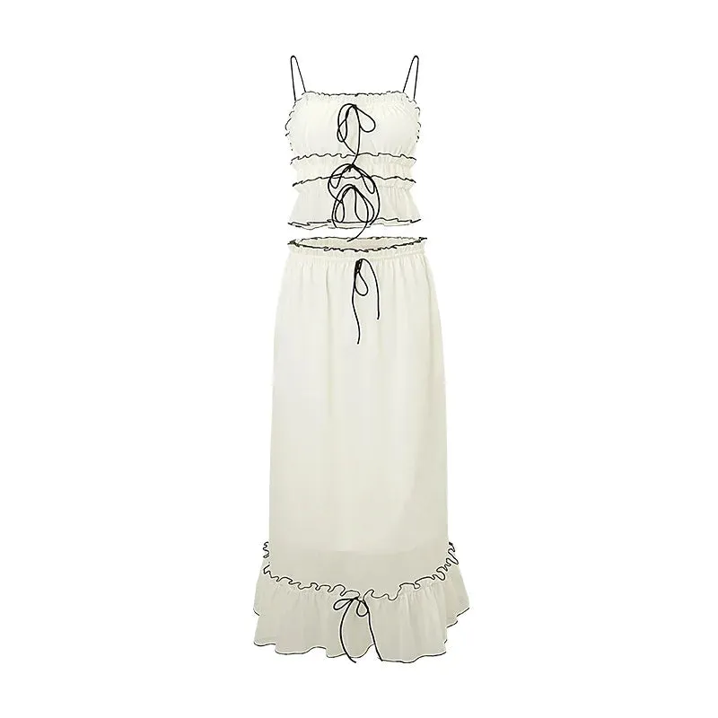 Ruffle Mesh Lace Up Top Long Skirt Suit