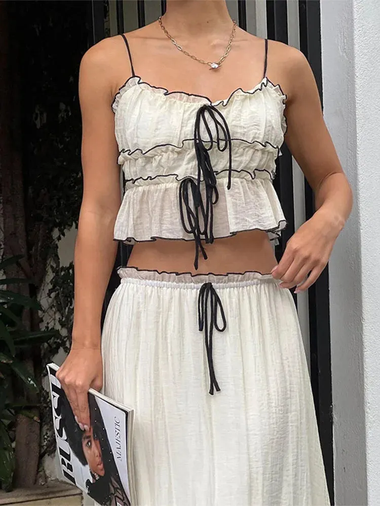 Ruffle Mesh Lace Up Top Long Skirt Suit