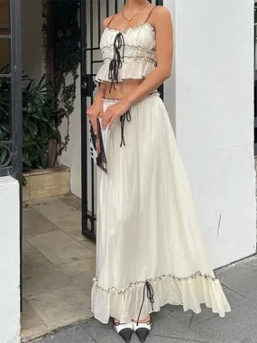Ruffle Mesh Lace Up Top Long Skirt Suit