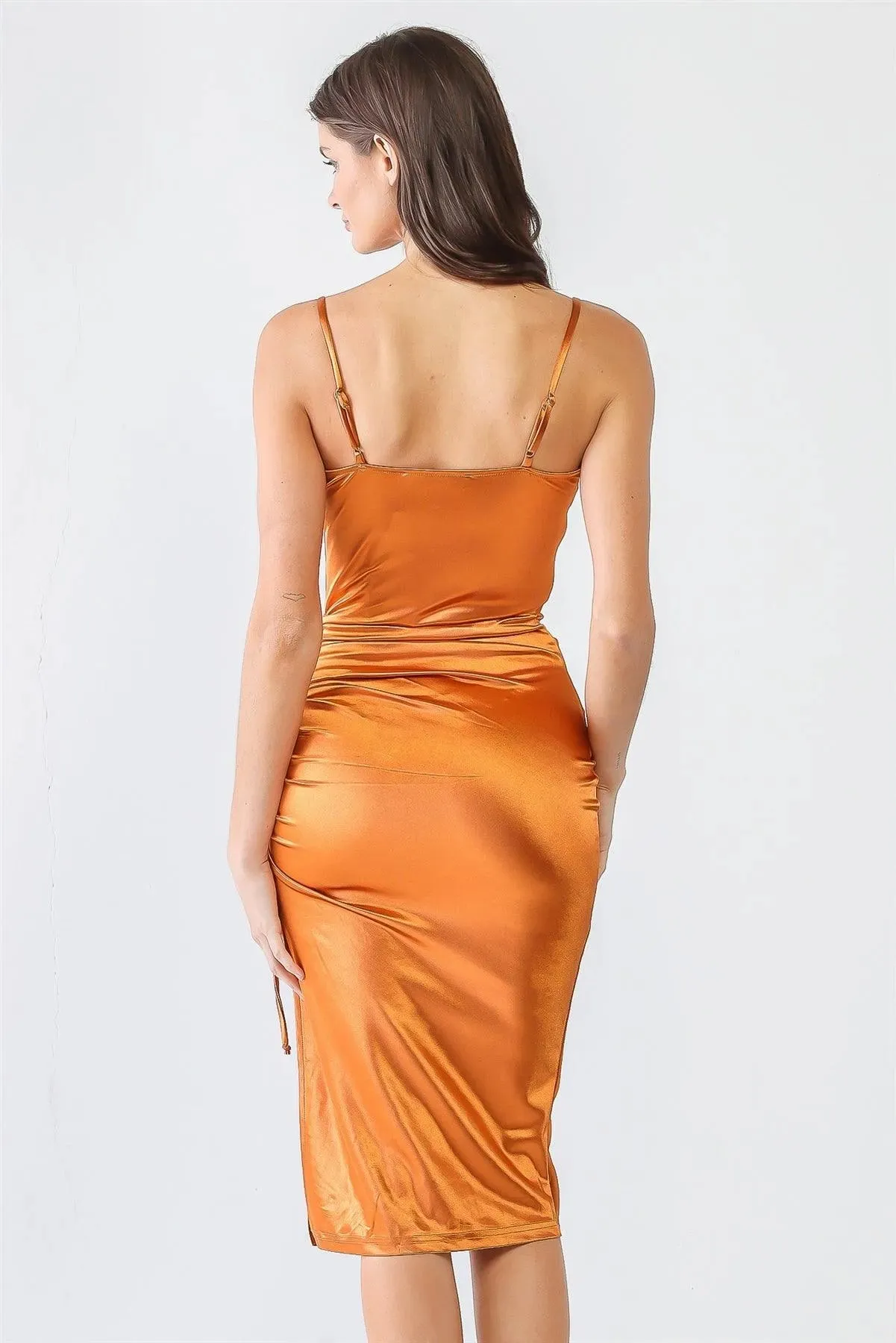 Rust Satin Strappy Ruched Side Slit Midi Dress