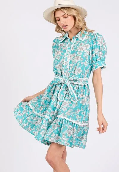 SAGE FIG Vintage Floral Scalloped Mini Shirt Dress